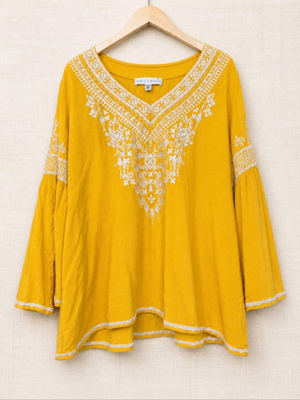 Chelsea & Theodore Mustard Embroidered Boho Peasant Top XXL Bell Sleeve